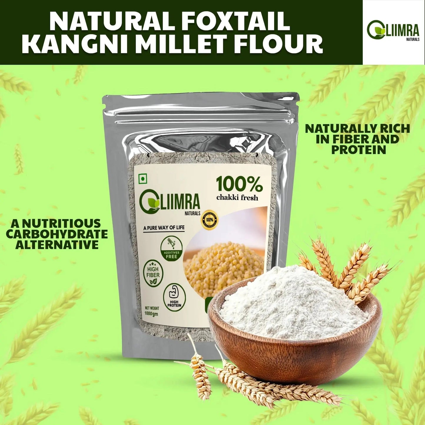Liimra Naturals Foxtail Kangni Millet Flour - High Fiber, Protein-Packed, Low GI, Gluten-Free , Mineral Rich,  100% Chakki Fresh Flour (500 Gram) Liimra Naturals