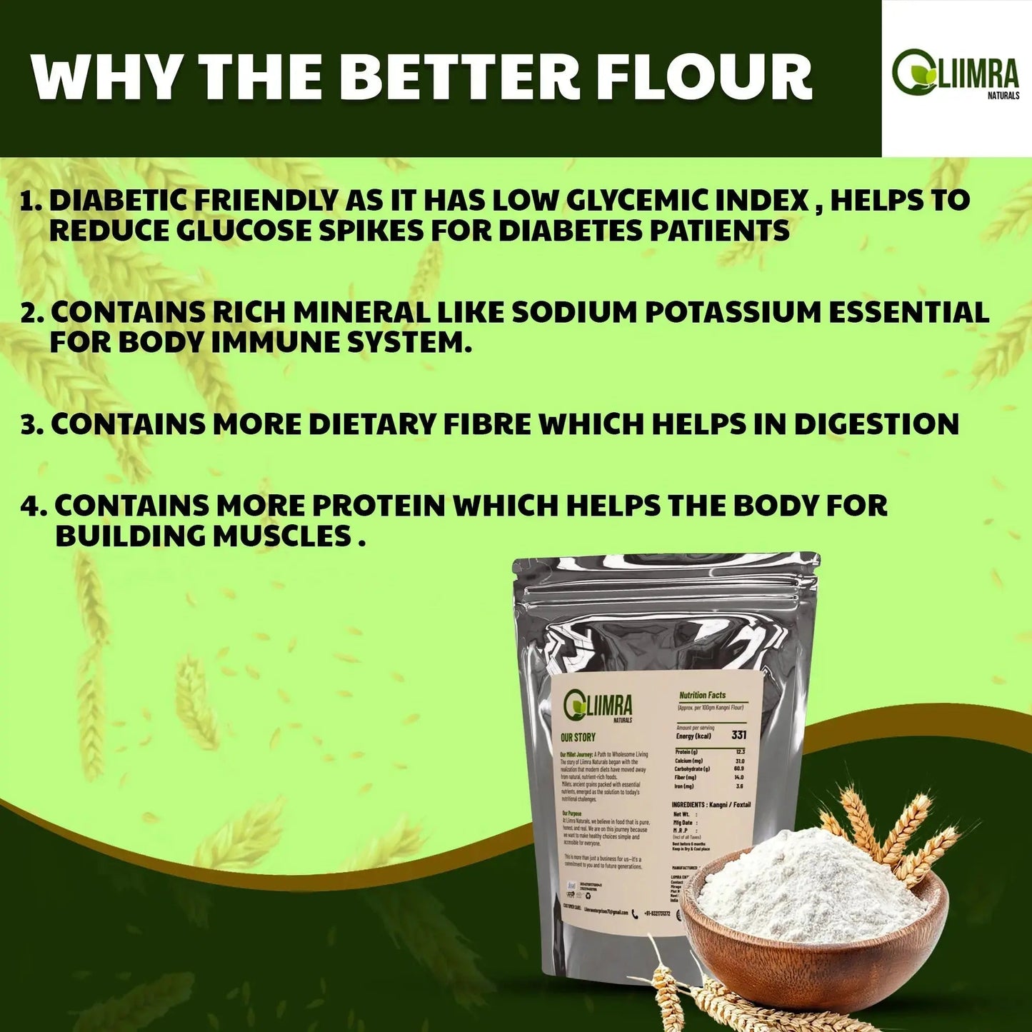 Liimra Naturals Foxtail Kangni Millet Flour - High Fiber, Protein-Packed, Low GI, Gluten-Free , Mineral Rich,  100% Chakki Fresh Flour (500 Gram) Liimra Naturals